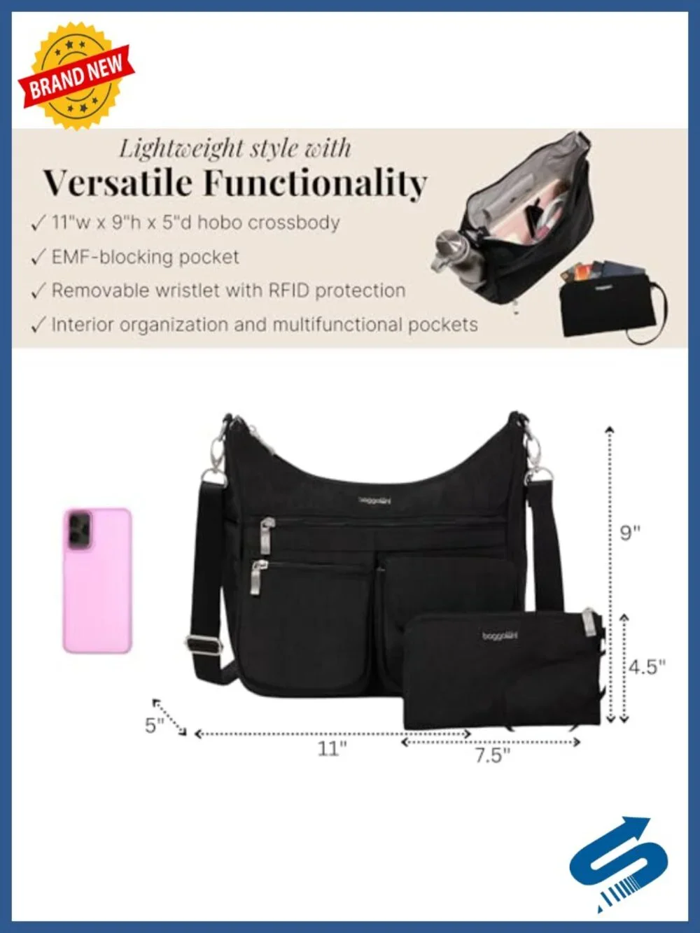Baggallini Modern Crossbody Hobo EMF Blocking Nylon Travel Purse with RFID
